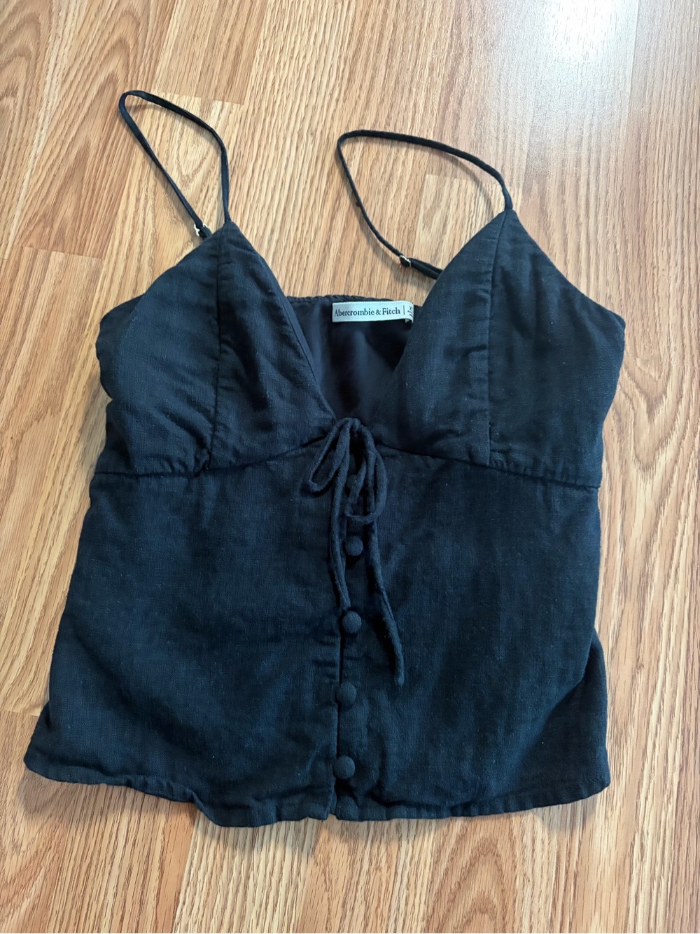 Abercrombie & Fitch Black Linen-Blend Tie-Front Spaghetti Strap Cami